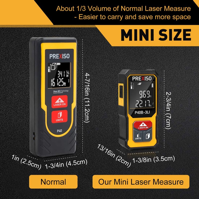 PREXISO Mini Laser Measurement Tool, 135Ft Rechargeable Laser Distance Meter Ft/Ft+in/in/M Unit, Laser Measure with High Accuracy, Pythagorean, Distance, Area, Volume Modes - Image 2